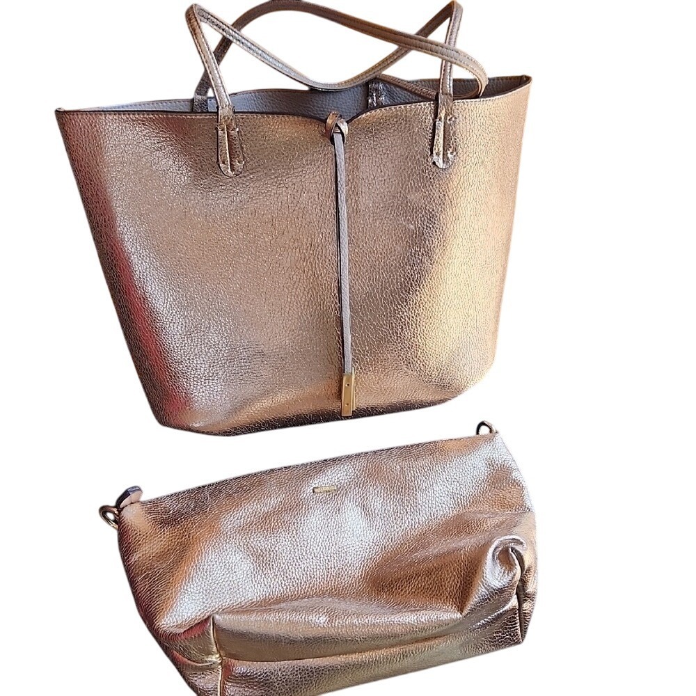 Remi Reid Metallic Rose Gold Reversible Tote Bag with Matching Clutch Purse Set